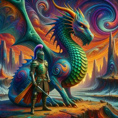 Primary subject: A knight standing next to a colorful dragon.

Setting/background: The knight and the dragon are standing on a dirt ground, with a colorful sky in the background.

Visual style: The image is a digital artwork, featuring a knight and a dragon in a vibrant and imaginative scene.

Colors and mood: The colors in the image are predominantly orange, green, and blue, creating a lively and energetic atmosphere.